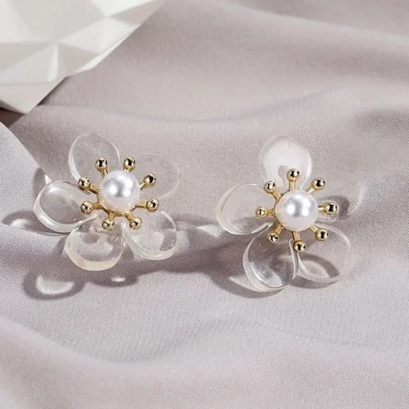 Any 4/$25! Translucent Flower Pearl Stud Earrings - Picture 3 of 10